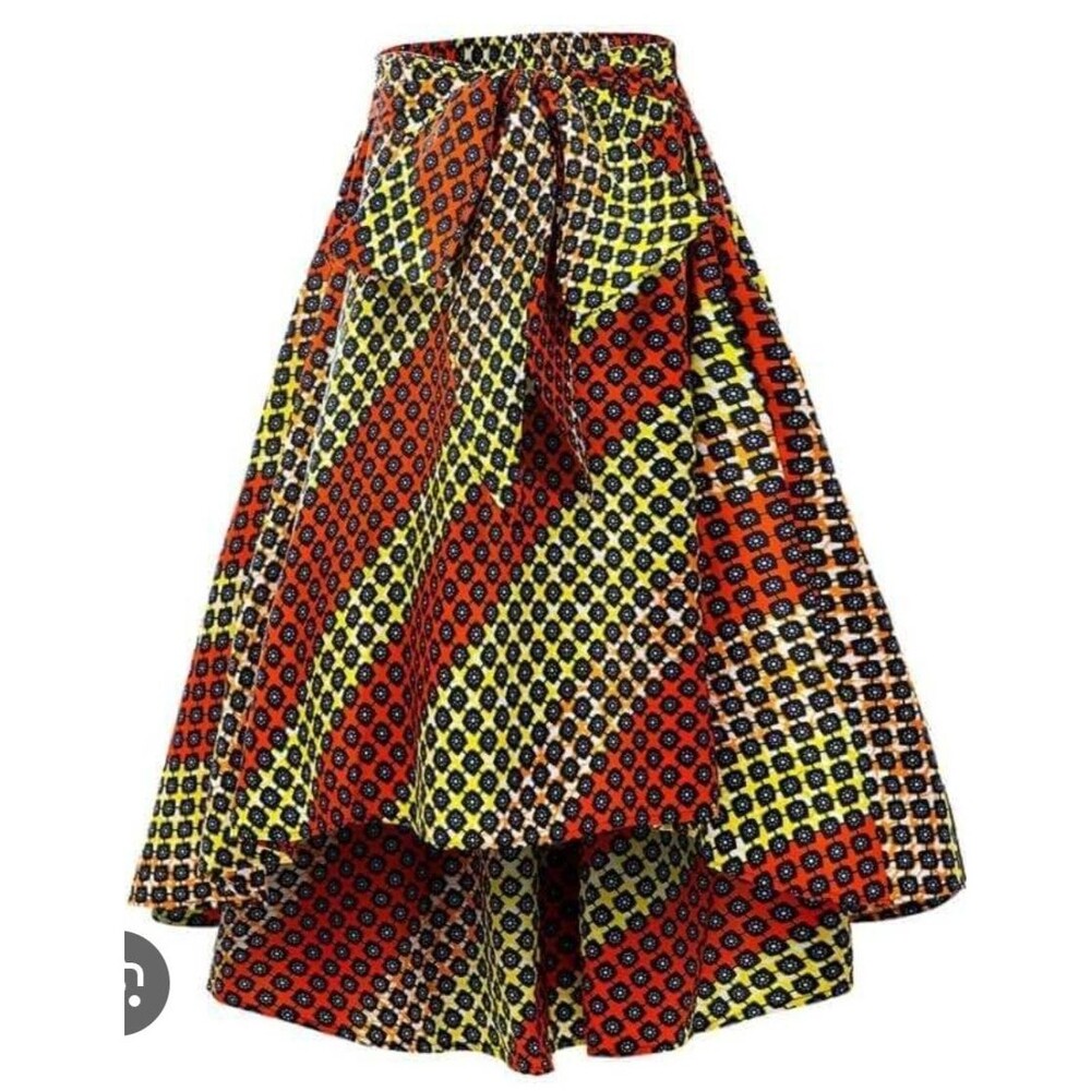 Shenbolen African Print Skirt Red Yellow Tribal Print Tiered Pockets Stretch 2XL